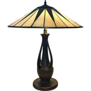 LumiLamp Tiffany Tafellamp Ø 48x60 cm Beige Bruin Glas Kunststof Rond Tiffany Bureaulamp Beige Tiffany Bureaulamp