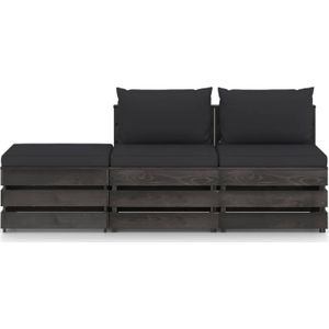 The Living Store Loungeset Pallet - Grenenhout - 60x70x66 cm - Met zwarte kussens - Montage vereist - 2x middenbank -
