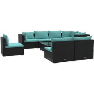 The Living Store Loungeset - Poly rattan - Zwart - 60x60x30 cm - Waterblauwe kussens - Modulair design