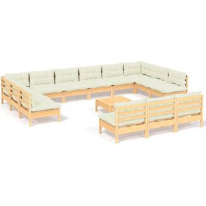 The Living Store Loungeset Grenenhout - modulair - crème kussen - 63.5x63.5x62.5 cm - 100% polyester