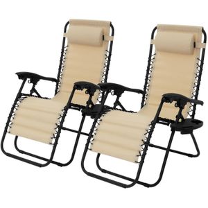 ML-Design set van 2 opvouwbare ligstoelen, beige, ligstoel met verstelbare hoofdsteun & rugleuning, tuinligstoel met