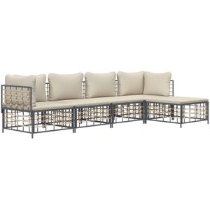 vidaXL 5-delige Loungeset met kussens poly rattan antracietkleurig