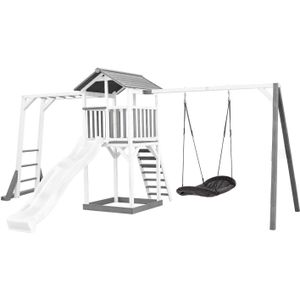 AXI Beach Tower Speeltoestel van hout in Grijs en Wit Speeltoren met zandbak, klimrek, nestschommel en witte glijbaan