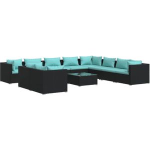 The Living Store Loungeset Poly Rattan - 70x70x60.5 cm - Zwart - Waterblauwe kussens