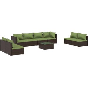 The Living Store Loungeset - PE-rattan - 6x middenbank - 2x hoekbank - 1x tafel - Bruin - Groene kussens