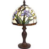 LumiLamp Tiffany Tafellamp Ø 20x36 cm Beige Blauw Glas Rond Bloemen Tiffany Bureaulamp Beige Tiffany Bureaulamp