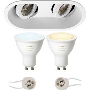 Pragmi Zano Pro - Inbouw Ovaal Dubbel - Mat Wit - Kantelbaar - 185x93mm - Philips Hue - LED Spot Set GU10 - White