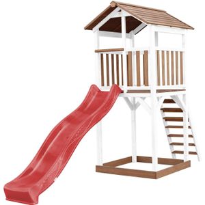 AXI Beach Tower Speeltoestel van hout in Bruin en Wit Speeltoren met zandbak en rode glijbaan