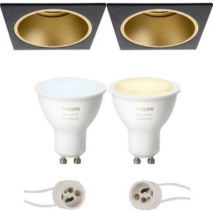 Pragmi Minko Pro - Inbouw Vierkant - Mat Zwart/Goud - Verdiept - 90mm - Philips Hue - LED Spot Set GU10 - White Ambiance