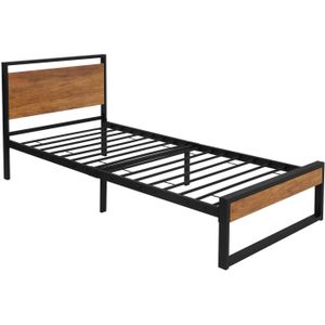Metalen bed Bedframe met lattenbodem 90x200 cm zwart/bruin met houten hoofdbord & voeteneind ML design