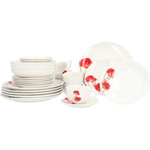 Maxime Home Klaproos servies 6 persoons 30 delig - Wit/Rood