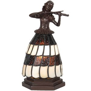 HAES DECO - Tiffany Tafellamp Vrouw 15x15x27 cm Bruin Wit Glas Tiffany Bureaulamp Tiffany Lampen Glas in Lood