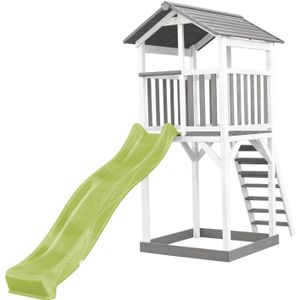 AXI Beach Tower Speeltoestel van hout in Grijs en Wit Speeltoren met zandbak, en limoen groene glijbaan