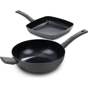 ISENVI Avon Combideal - Grillpan en wokpan met deksel - Ergo - Antraciet - Keramisch - 100% PFAS, PTFE en PFOA vrij