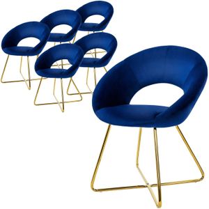 ML-Design eetkamerstoelen set van 6 blauw fluweel, woonkamerstoel met ronde rugleuning, gestoffeerde stoel met gouden