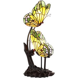 HAES DECO - Tiffany Tafellamp Vlinder 24x17x47 cm Geel Glas Tiffany Bureaulamp Tiffany Lampen Glas in Lood