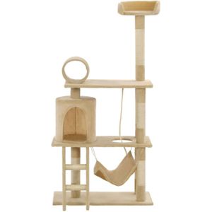 The Living Store Kattenkrabpaal - Hoogte 140 cm - Beige - Met hangmat - ladder - klimtouw en comfortabel huis