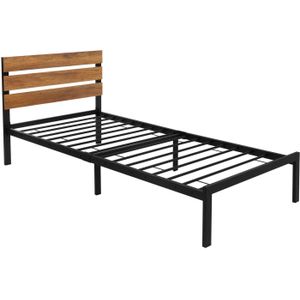 Metalen bed Bedframe met lattenbodem 90x200 cm zwart met houten hoofdbord & voeteneind ML design