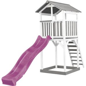 AXI Beach Tower Speeltoestel van hout in Grijs en Wit Speeltoren met zandbak, en paarse glijbaan