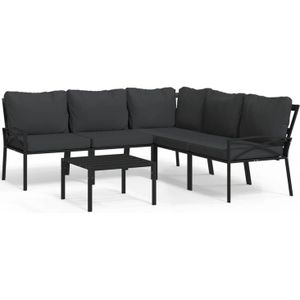 The Living Store Loungeset Terras - Stalen meubelen - Zwarte kussens - Tafel - hoekstoel - middenstoel - bijzetstoel