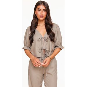 Taupe Strikjes Linnen SS - Top