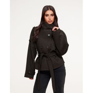 Donkerbruine Korte Wollen Trench - Jas
