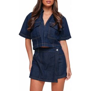 Denim Skort - Donkerblauw - Overslag met Knoopsluiting en Rits Sluiting