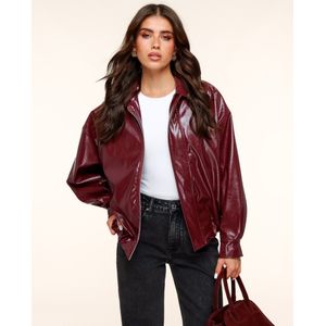 Burgundy Glanzende PU Leren Bomber - Jas