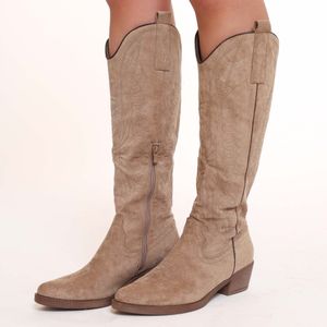 Hoge Cowboy Laarzen - Taupe - Suede Look - Gestikt Patroon