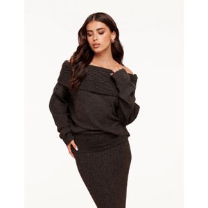 Donkerbruine Stevige Gebreide Off Shoulder - Trui