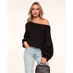 Donkerbruine Gebreide Wollen Off Shoulder - Trui