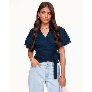 Navy Blauwe Korte Pofmouwen Wikkel - Top