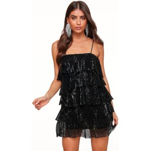 Zwarte Pailletten Ruffel - Jurk