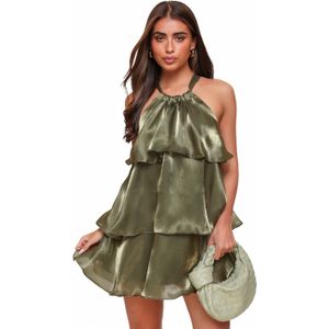 Army Groene Petite Satijnen Ruffel Halter - Jurk