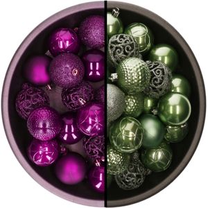 Kerstballen - 74x st - salie groen en paars - 6 cm - kunststof