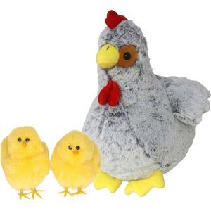 Pluche kip knuffel - 20 cm - grijs - met 4x gele kuikens 7 cm - kippen familie