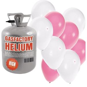 Helium tank met meisje geboren 50 ballonnen