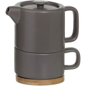 Theepot met kopje in grijze keramiek en bamboe onderzetter, taupe