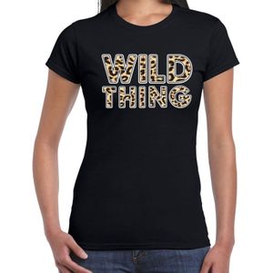 Wild thing fun tekst t-shirt voor dames zwart met panter print