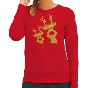 Foute kersttrui/sweater voor dames - gouden rendieren - rood - glitter goud - rendier