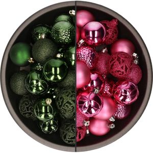 74x stuks kunststof kerstballen mix van fuchsia roze en donkergroen 6 cm