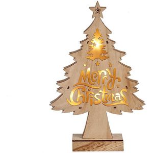 Houten kerstboompje decoratie van 32 cm met LED verlichting Merry Christmas wish