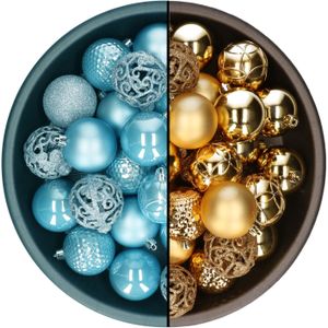 Kerstballen - 74x st - goud en ijsblauw - 6 cm - kunststof