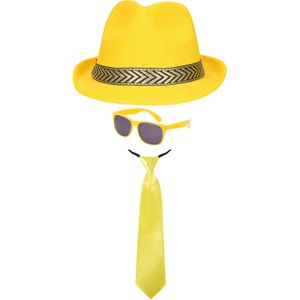 Carnaval verkleedset Men in Yellow - hoed/bril/stropdas - geel - heren/dames - verkleedkleding