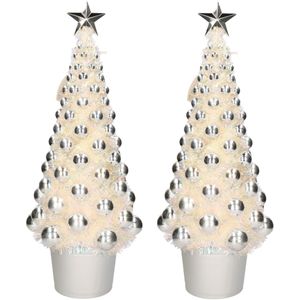 2x stuks complete kerstbomen met ballen en lichtjes zilver 60 cm