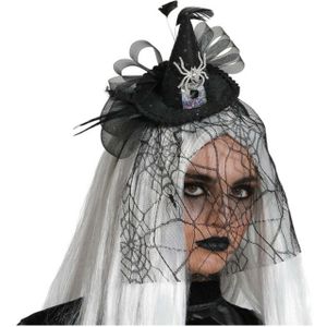 Halloween heksenhoed - mini hoedje op diadeem - one size - zwart/zilver - meisjes/dames