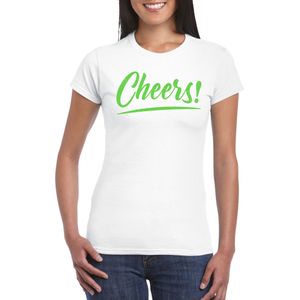 Verkleed T-shirt voor dames - cheers - wit - groene glitter - carnaval/themafeest