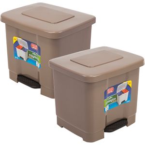 2x stuks dubbele afvalemmer/vuilnisemmer taupe 35 liter met deksel en pedaal