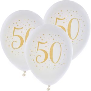 Verjaardag leeftijd ballonnen 50 jaar - 24x stuks - wit/goud - 23 cm - Abraham/Sarah feestartikelen