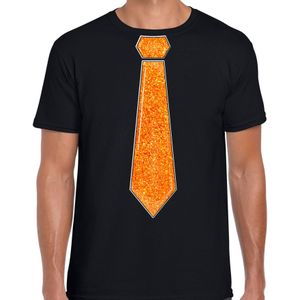 Verkleed t-shirt voor heren - stropdas glitter oranje - zwart - carnaval - foute party